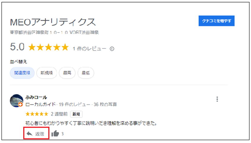 新しい管理画面クチコミ返信 「返信」マーク