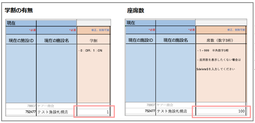 『学割の有無』『座席数』の記載方法