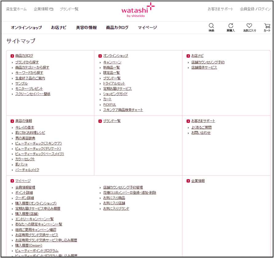 HTMLサイトマップのデザイン　資生堂 オンラインストア