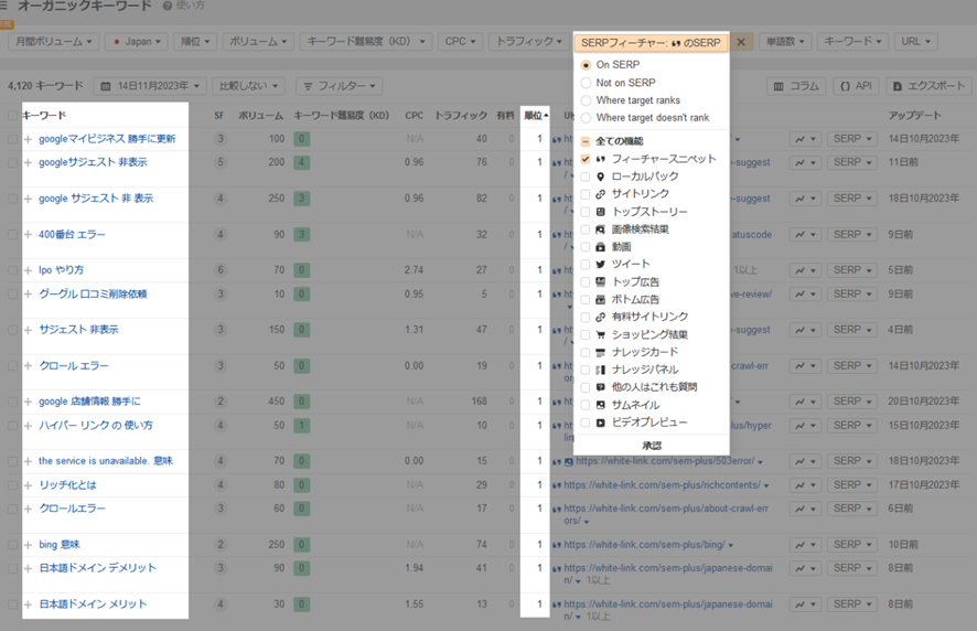 Webサイトで強調スニペットが表示されているキーワードをエクスポート